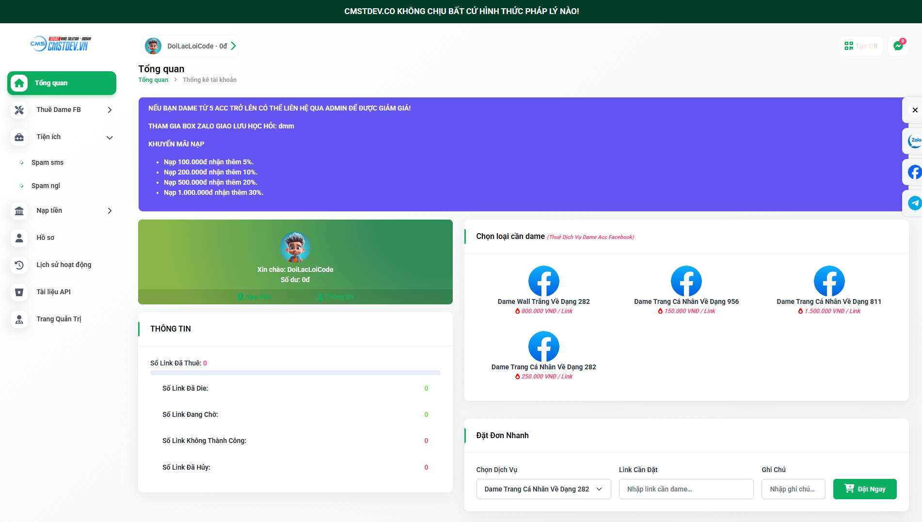 Code dịch vụ dame facebook đơn tay, nạp tự động qua card, atm